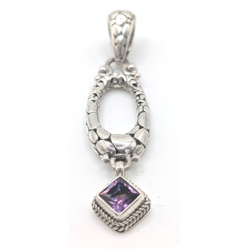 Sarda Bali Sterling Silver Oval Pendant Pebble Textured Amethyst Dangle Charm